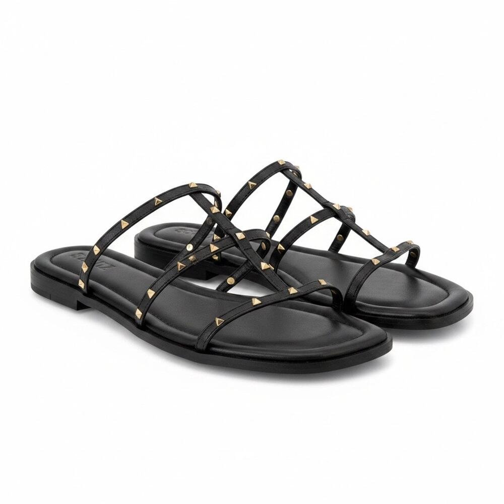 Schutz Womens Size 9 Black + Gold Studded Strappy Flat Slide Sandals NWT